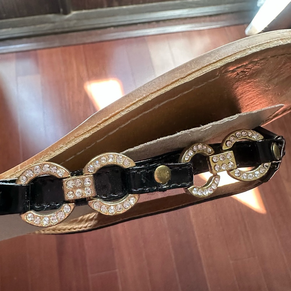 Cache Black Sandals with Gold and Rhinestone Details in original box.